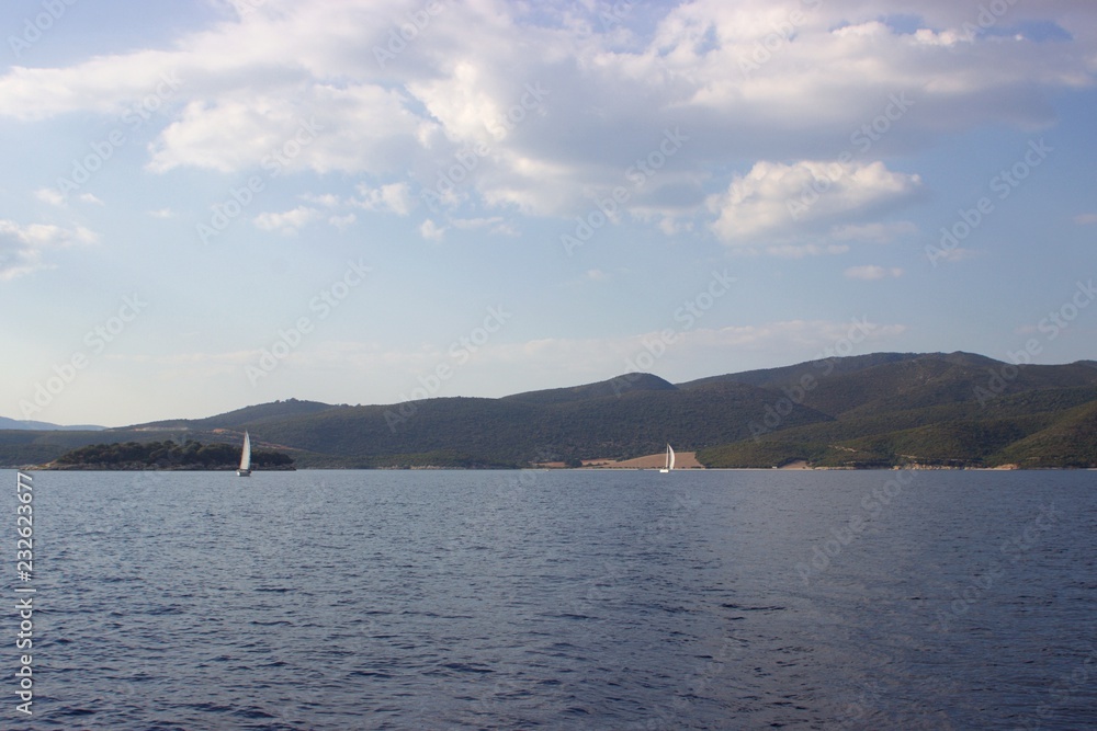 Sailing boats in a race near  Vathiavali beach in Aitoloakarnania in Greece