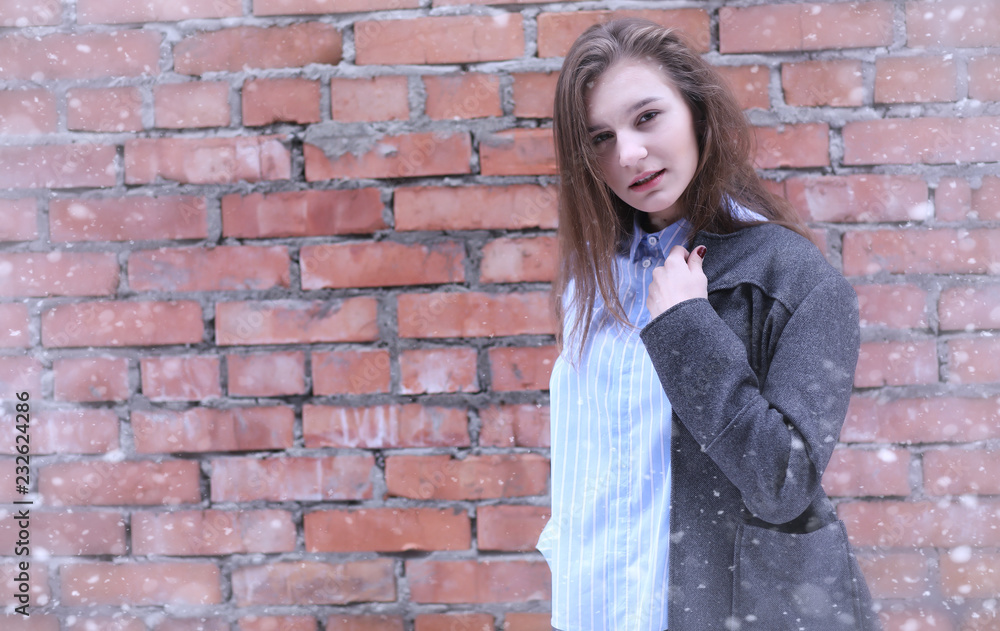 Young girl outdoors in winter. Model girl posing outdoors on a winter day. A festive weekend in the street walking girl. Young girl outdoors in winter. Model girl posing outdoors on a winter day. A festive weekend in the street walking girl.
