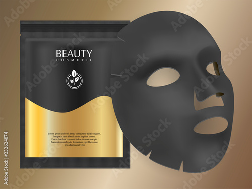 Black charcoal facial mask sheet with individual collagen sachet on gold gradient background. Skincare collagen hydration moisturizer. Face skincare premium ad design template. Vector beauty concept.