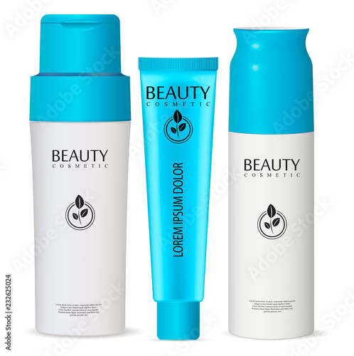 Set of 3d cosmetic bottles for deodorant, shampoo or shower gel, and tube for cream. Realistic vector illustration product ready for your commercial and design.
