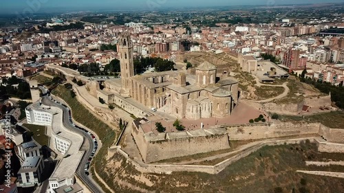 View from drone of Catalan city of Lleida with medieval Cathedral of St. Mary of La Seu Vella  photo