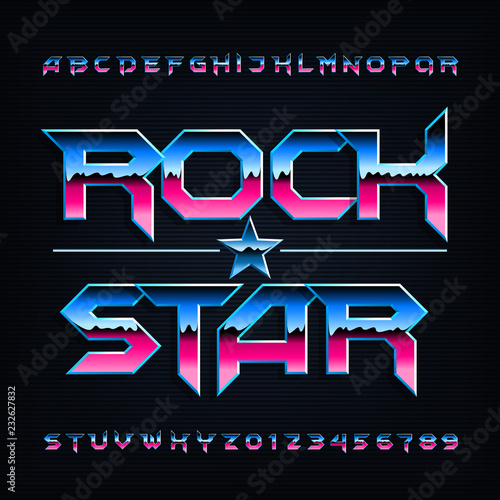 Rock star alphabet font. Metallic beveled letters and numbers. Stock vector typescript for your design.