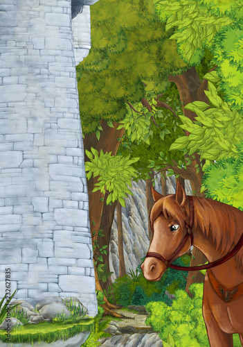 Fototapeta Naklejka Na Ścianę i Meble -  cartoon scene some stone tower in the deep forest horse standing and looking - illustration for children