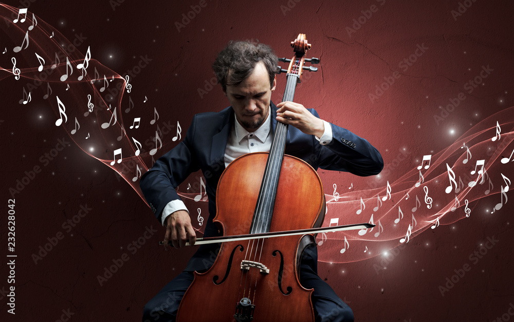Lonely musical composer with cello and sparkling musical notes around