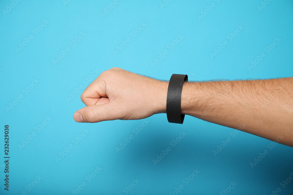 Concert wristband mockup, black hospital bracelet design. Arm adhesive