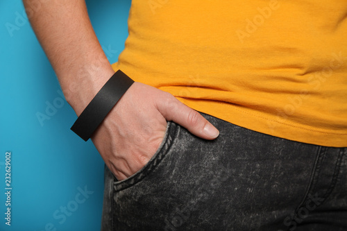 Paper event black bracelet mockup, wristband design. Identification wrist, adhesive.