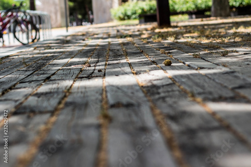 Detail of rustic wooden floor in park. Close up