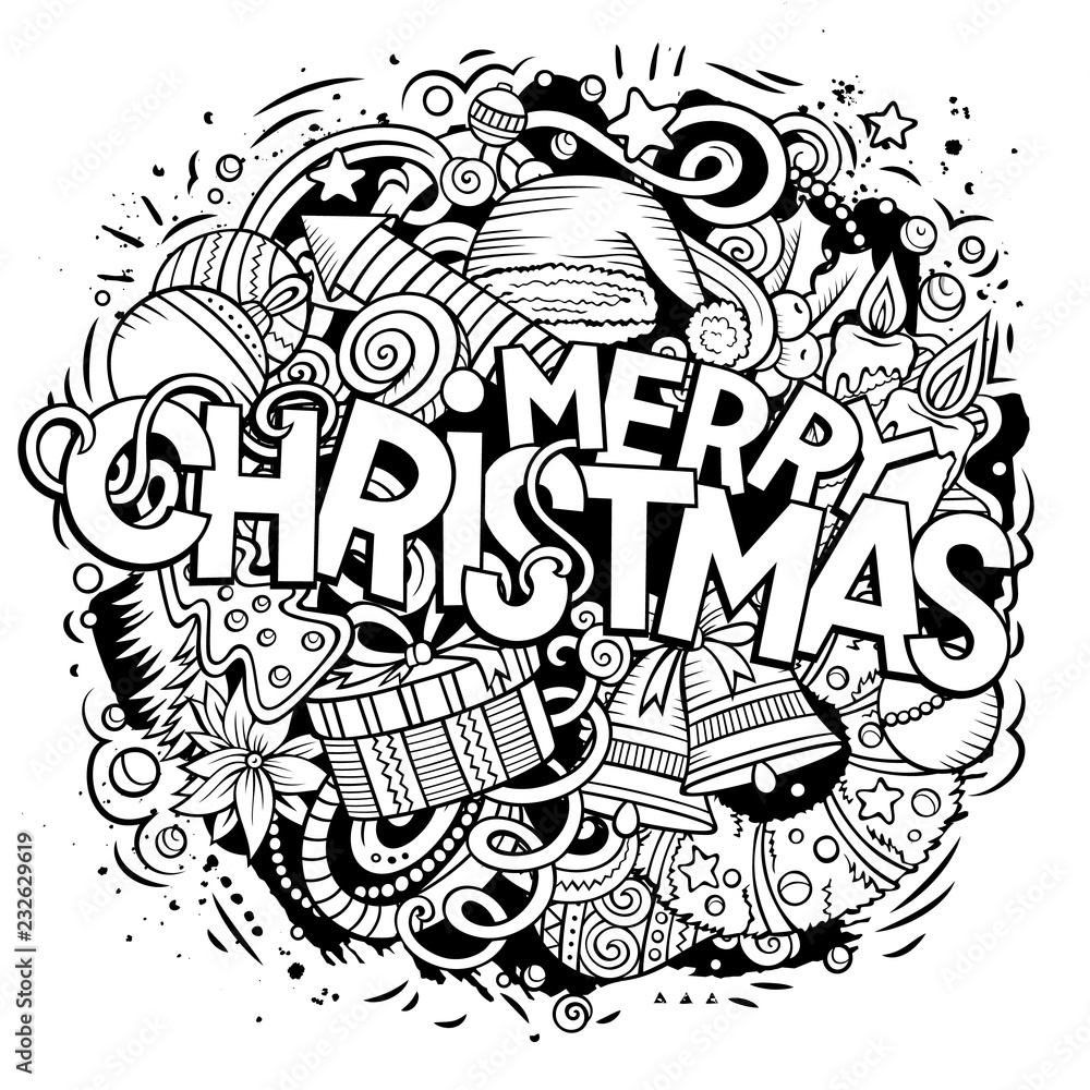 Merry Christmas hand drawn doodles illustration. New Year design