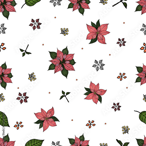 Vector seamless floral background with poinsettia flower elements for use in design. Realistic doodling.