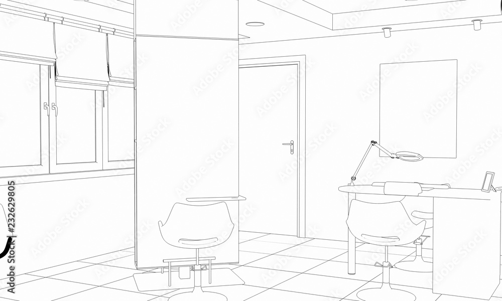 interior beauty salon contour visualization, 3D illustration, sketch, outline interior beauty salon contour visualization, 3D illustration, sketch, outline