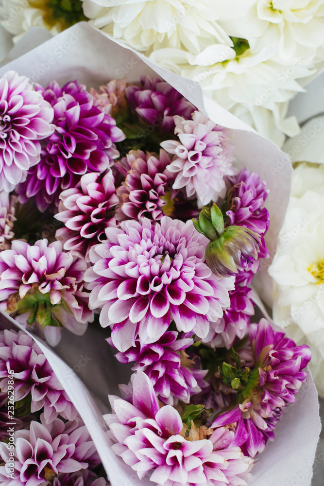 Bouquets of purple and white Dahlia flowers Bouquets of purple and white Dahlia flowers