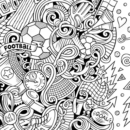 Cartoon vector doodles Soccer frame. Line art, with lots of objects background