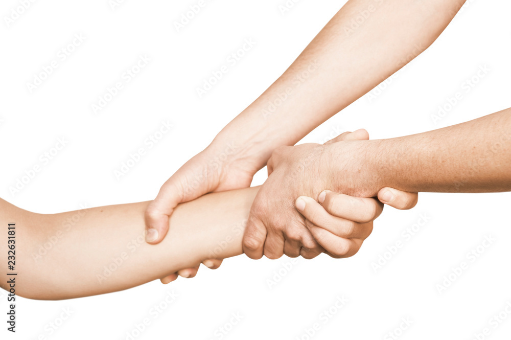 Two hands of a man hold one hand and save a man by dragging his hand. Concept of help on a white background Two hands of a man hold one hand and save a man by dragging his hand. Concept of help on a white background
