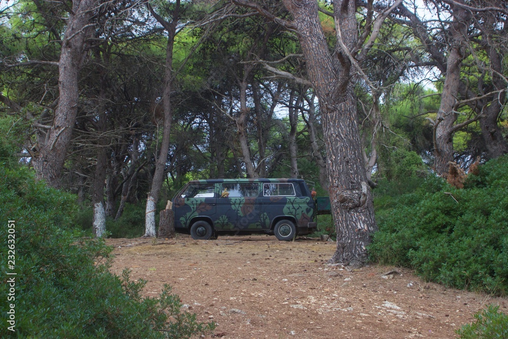 Camouflaged vehicle of hunters hidden at a camp in a forest of pine trees and green bushes