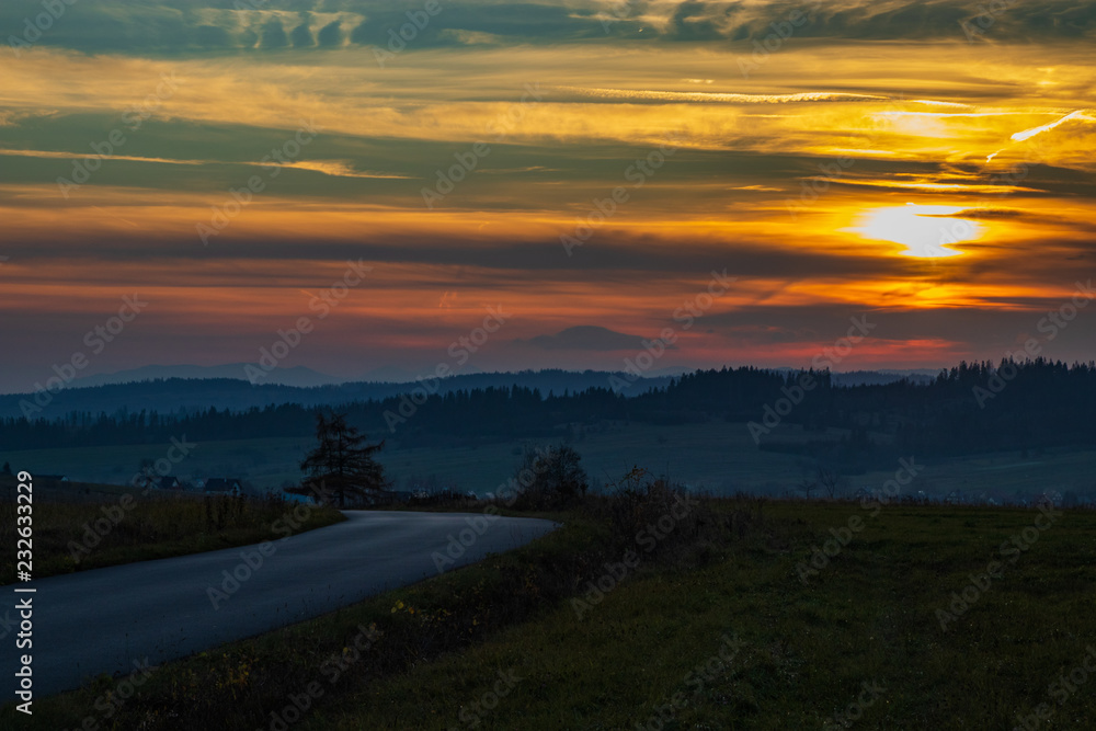 autumn sunset over the hills of southern Poland