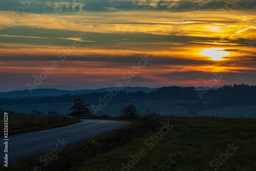 autumn sunset over the hills of southern Poland