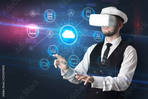 Businessman in vr glasses organize lifesize projected social media concept 