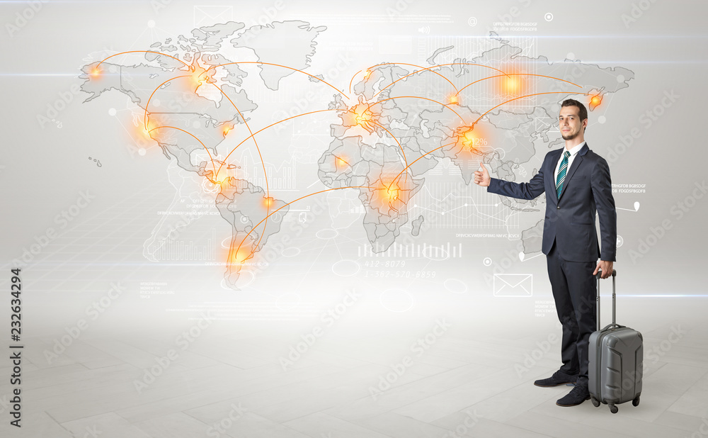 Businessman in dark suit hitchhike to business trip in a front of a map with destination Businessman in dark suit hitchhike to business trip in a front of a map with destination