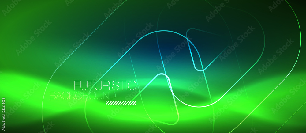 Neon glowing techno lines, hi-tech futuristic abstract background template with geometric shapes Neon glowing techno lines, hi-tech futuristic abstract background template with geometric shapes