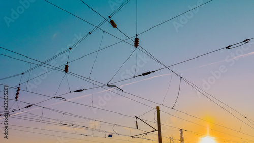 Wires at the railway station against the beautiful sky. Krasnoyarsk. Russia.