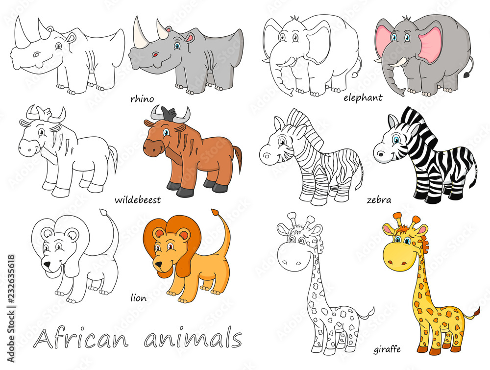 Cartoon african animals outline and colored vector illustration