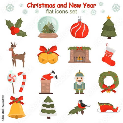 Christmas and New Year color vector icons set. Flat design