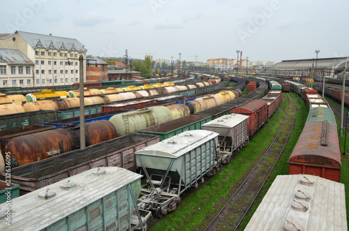 Commodity Railway Station. Top view of a Freight wagons. Transportation and Industrial concept