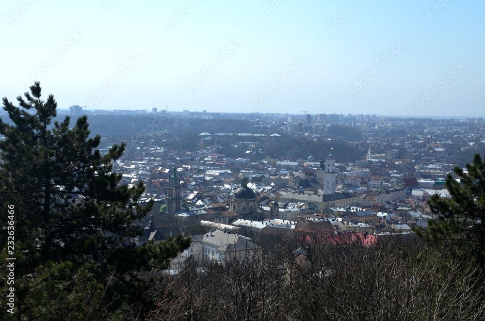 Cityscape of Lviv, Ukraine. Top view from Lysa hill. Spring panorama to historical part of city