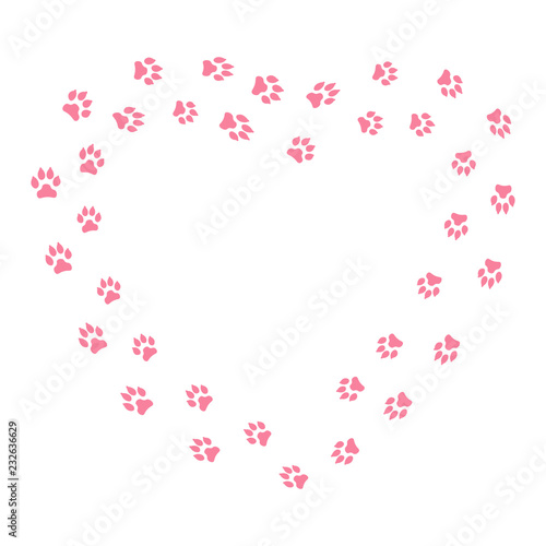 Heart frame with dog tracks isolated on white background. Vector illustration.