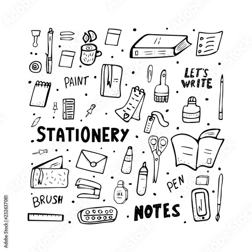 Set of vector doodle stationery. Office supplies.