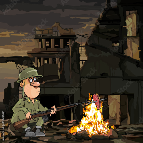 cartoon soldier roasting meat on a fire while sitting in ruins