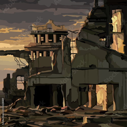 ruins of destroyed houses in the gloomy sunset lighting
