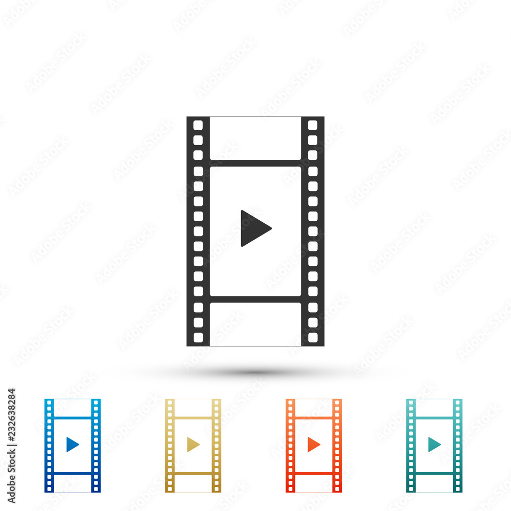 Play Video icon isolated on white background. Film strip with play sign. Set elements in colored icons. Flat design. Vector Illustration