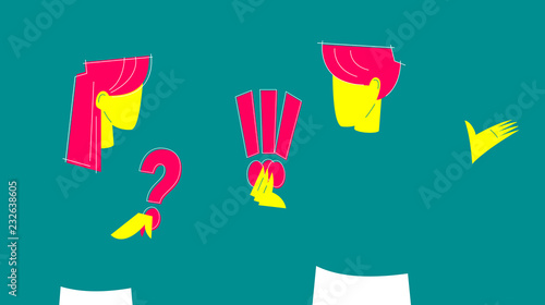Woman holding big question mark, man holding three exclamation marks. Modern conceptual illustration on the subject of interpersonal or family relationships.