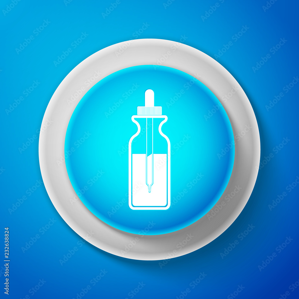 White Glass bottle with a pipette. Vial with a pipette inside and closed lid icon isolated on blue background. Container for medical and cosmetic product. Circle blue button. Vector Illustration White Glass bottle with a pipette. Vial with a pipette inside and closed lid icon isolated on blue background. Container for medical and cosmetic product. Circle blue button. Vector Illustration