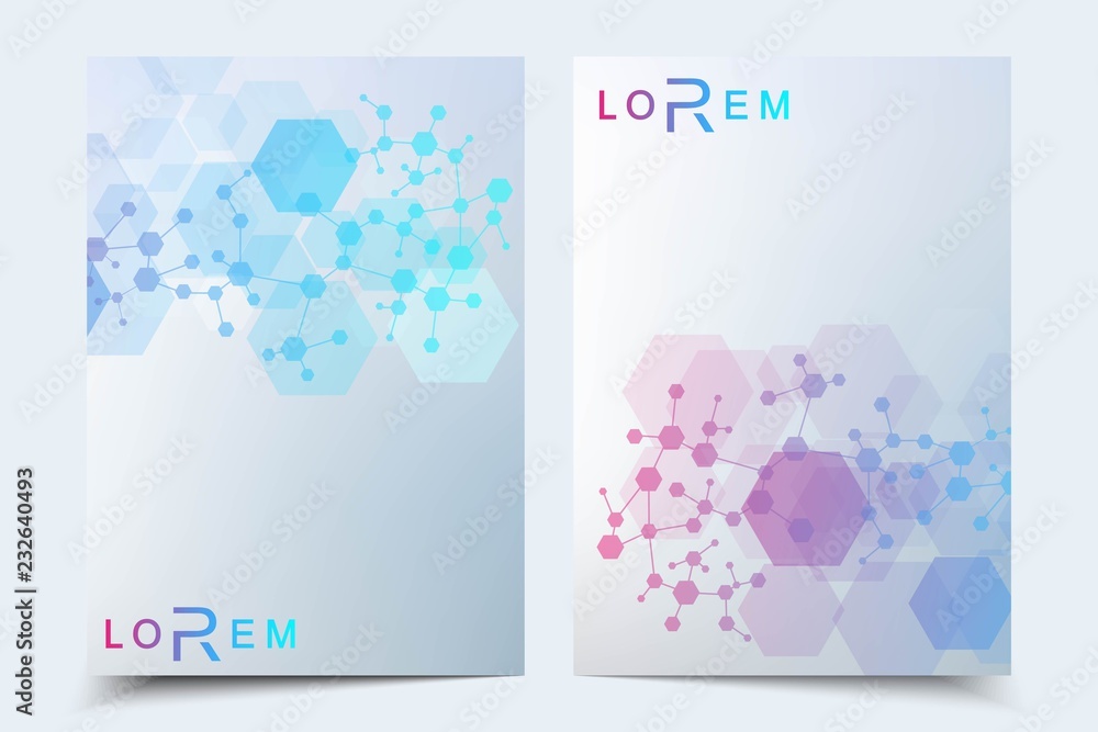 Business templates brochure, magazine, leaflet , flyer, cover, booklet, annual report. Scientific concept for medical, technology, chemistry. Hexagonal molecule structure. Dna, atom, neurons