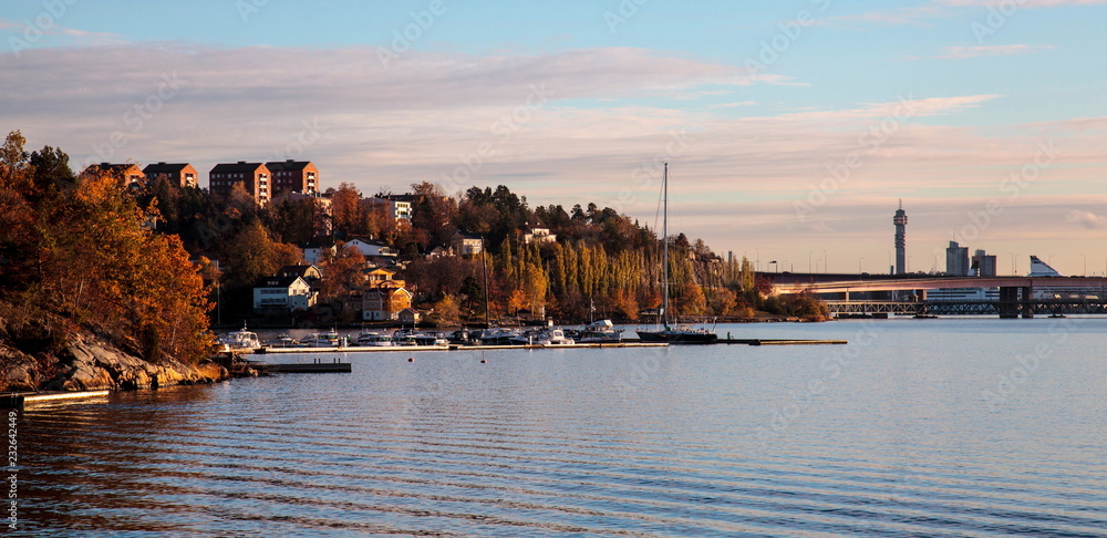 Naklejka premium Stockholm skyline on sunset