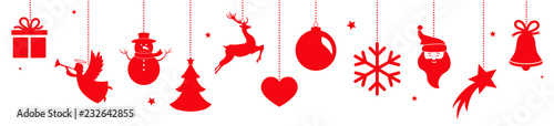 Christmas banner with hanging red decorations