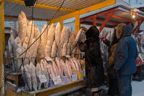 The coldest street market on earth is located in the city of Yakutsk / Russia /. Frozen fish and meat will be sold in this market.