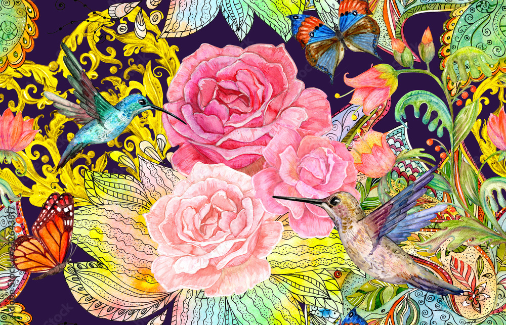Fototapeta premium bizarre seamless pattern with fancy blossoms and hummingbirds. watercolor painting