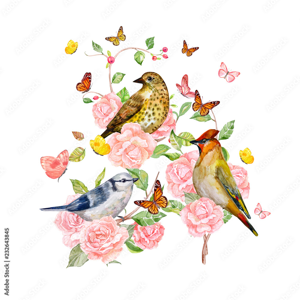 Fototapeta premium invitation card with birds on roses bush on white background. watercolor painting