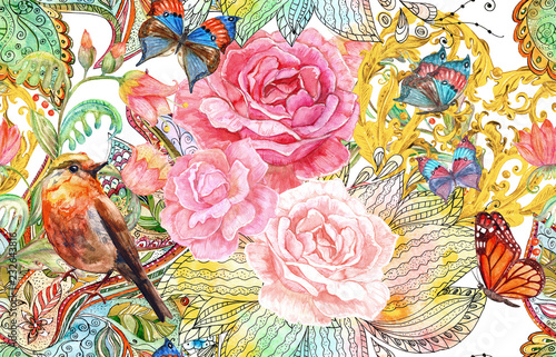 Wall Mural fashion seamless pattern with fancy blossoms and bird