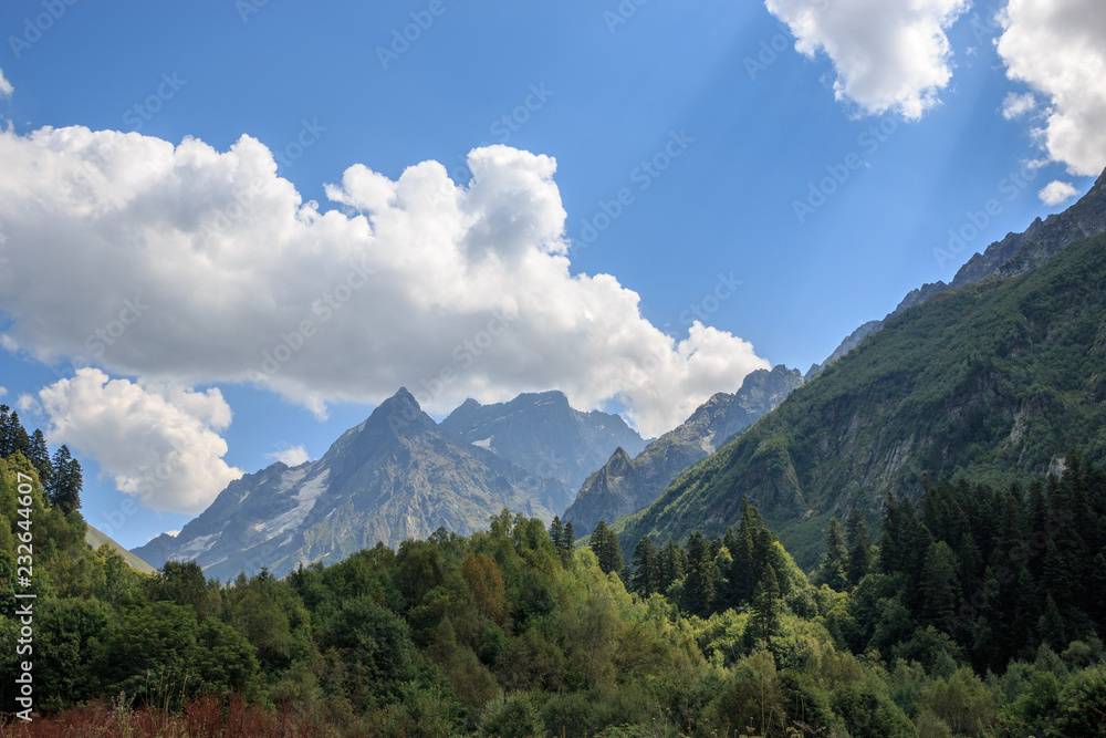 Closeup view mountains scenes in national park Dombai, Caucasus, Russia, Europe - obrazy, fototapety, plakaty 