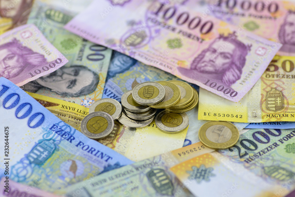 Different Hungarian banknotes and coins, 1-5-10-20 thousand forints. Europe Hungary. Different Hungarian banknotes and coins, 1-5-10-20 thousand forints. Europe Hungary.