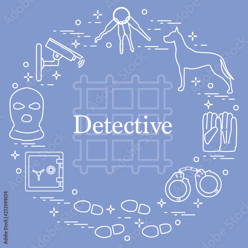 Criminal and detective elements. Crime, law and justice vector icons.