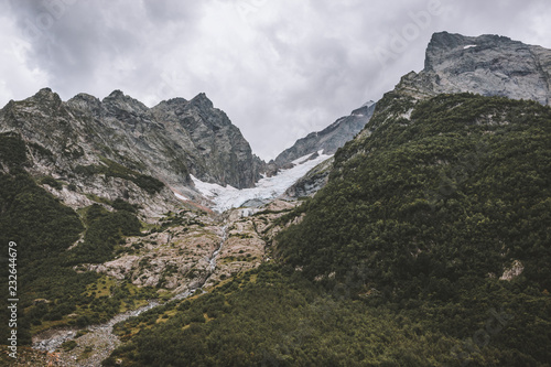 Closeup view mountains scenes in national park Dombai, Caucasus, Russia, Europe