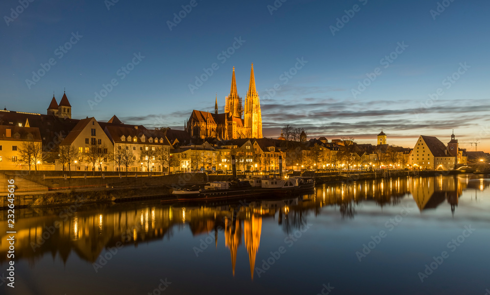 Evening view of the St. Peter's Church and the Old Town of Regensburg