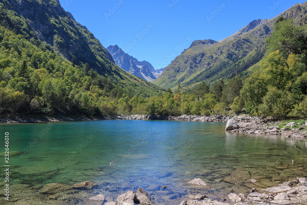 ake scenes in mountains, national park Dombai, Caucasus, Russia, Europe