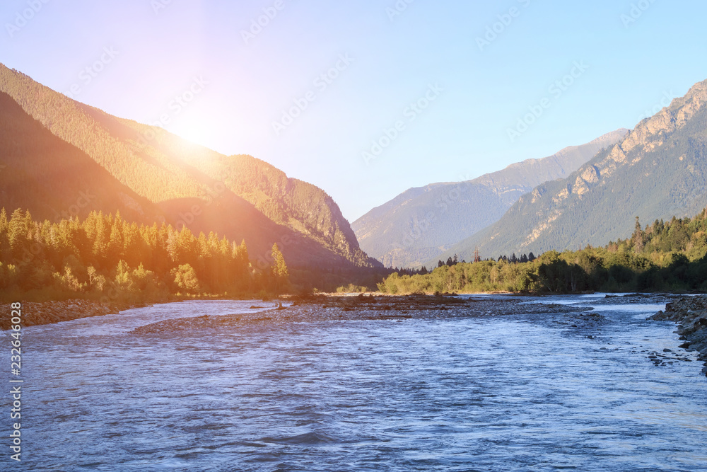 Closeup view river scenes in mountains of national park Dombai, Caucasus, Russia