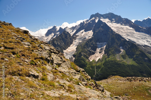 Closeup mountains scenes in national park Dombai, Caucasus, Russia